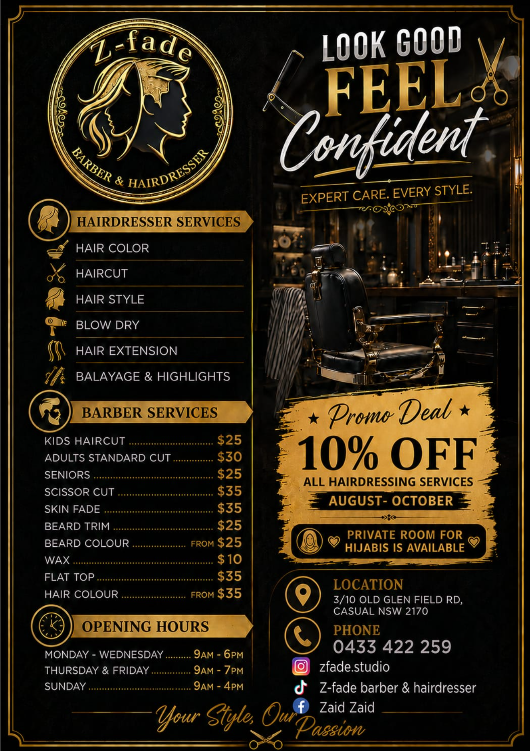 Z-fade promo: 10% off all hairdressing services, August to October. Private room for hijabis available.